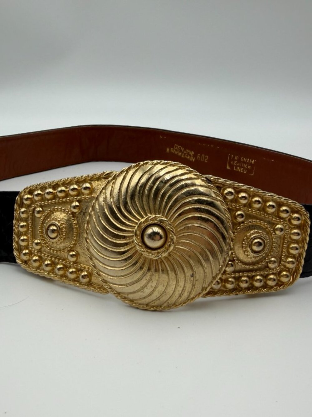 Vintage Black Leather Belt Gold Statement Buckle